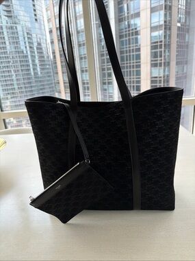 Celine Museum Tote In Black Suede Embossed Triomphe Print Shoulder Bag